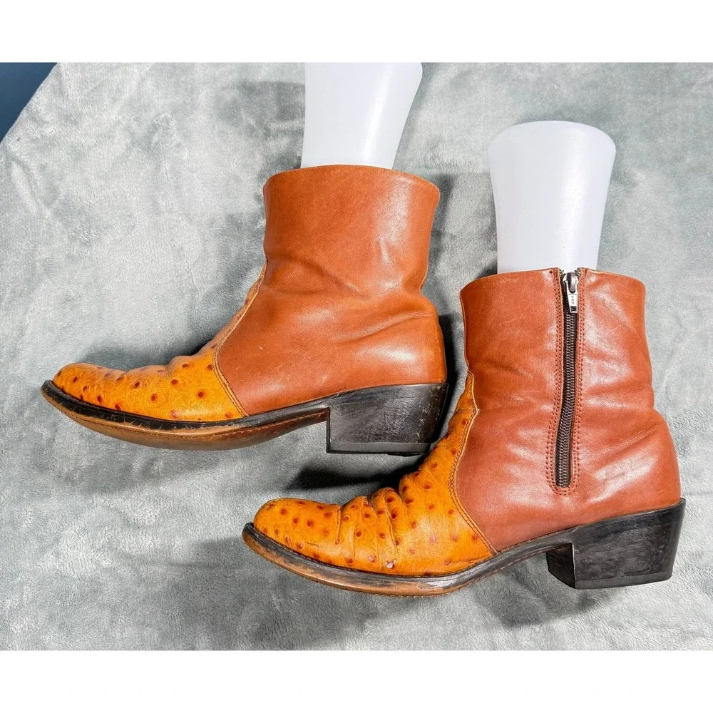 Durango Boots Mens 8.5 D Brown Ostrich Print Leather Ankle Zip Western